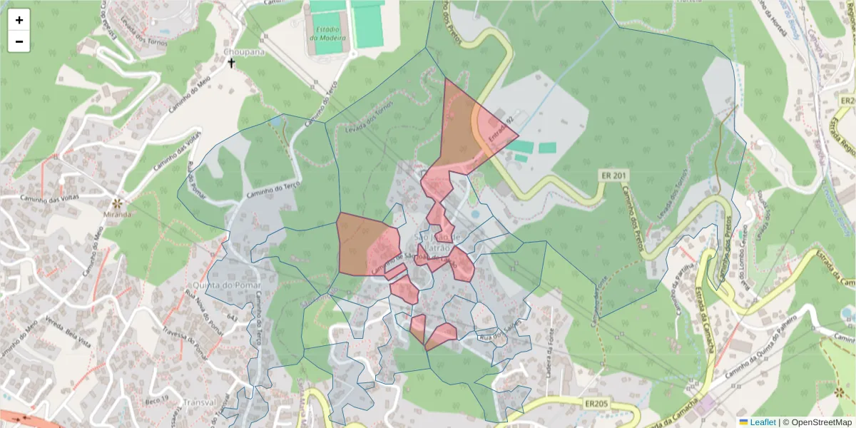 Mapa detalhado do código postal 9060-297 com limites, códigos postais vizinhos e agências dos correios