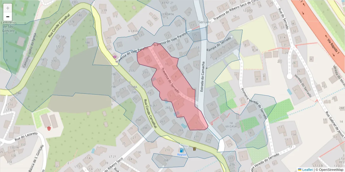 Mapa detalhado do código postal 9060-299 com limites, códigos postais vizinhos e agências dos correios