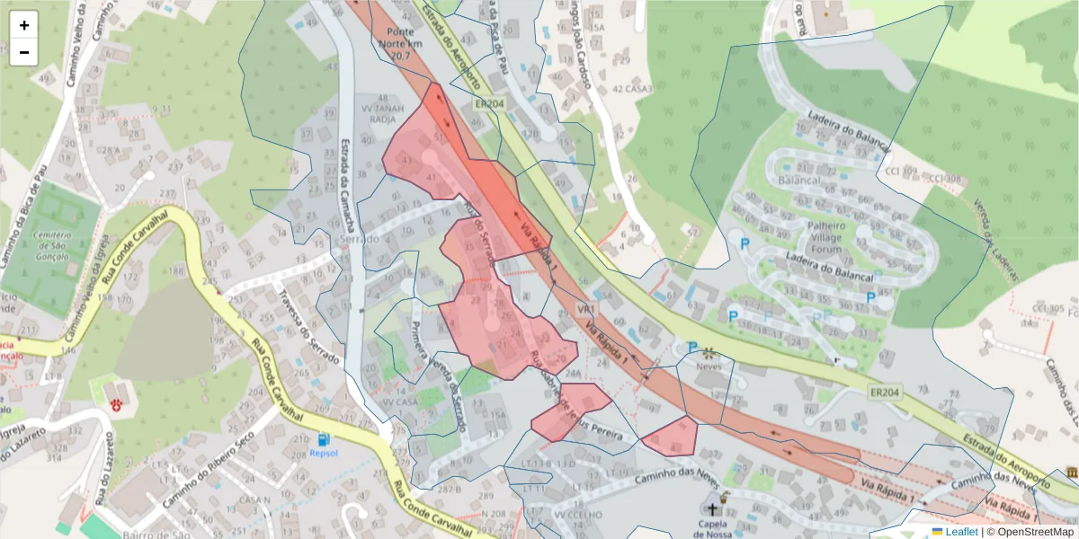 Mapa detalhado do código postal 9060-300 com limites, códigos postais vizinhos e agências dos correios
