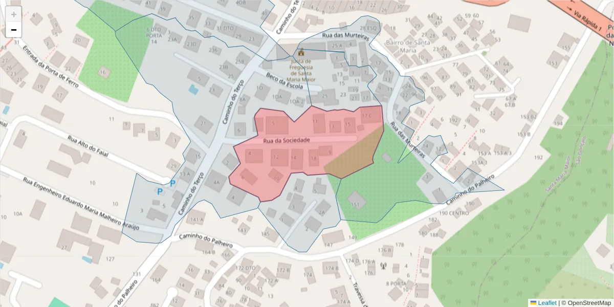 Mapa detalhado do código postal 9060-302 com limites, códigos postais vizinhos e agências dos correios