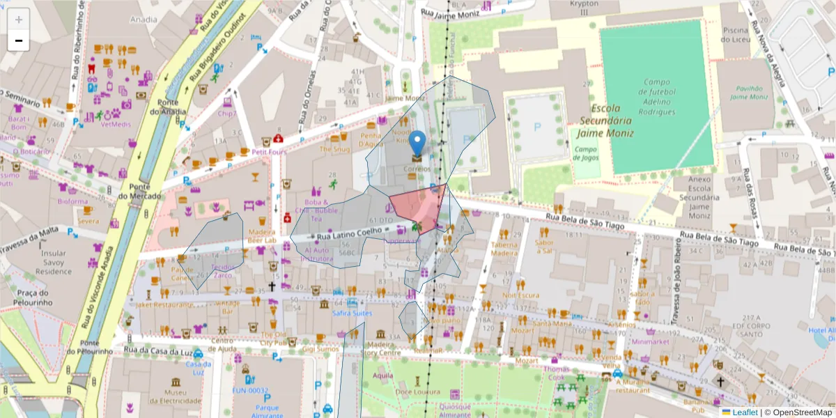 Mapa detalhado do código postal 9060-313 com limites, códigos postais vizinhos e agências dos correios