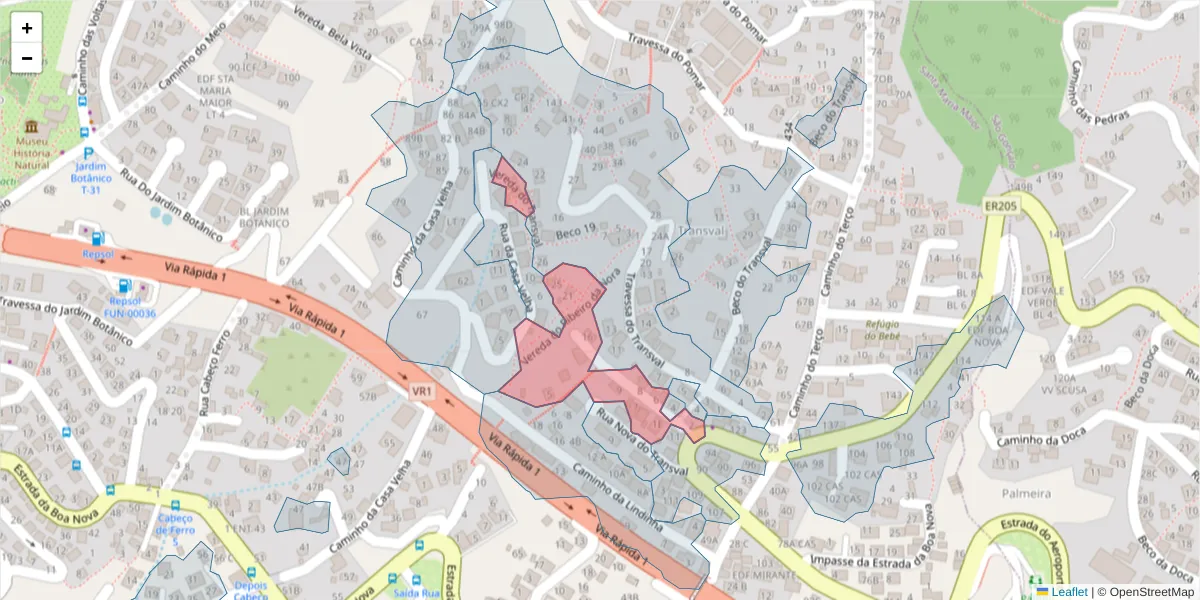 Mapa detalhado do código postal 9060-319 com limites, códigos postais vizinhos e agências dos correios