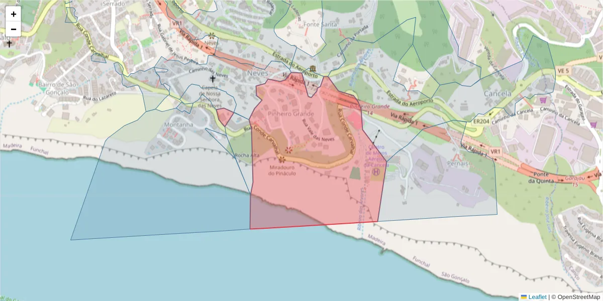 Mapa detalhado do código postal 9060-325 com limites, códigos postais vizinhos e agências dos correios