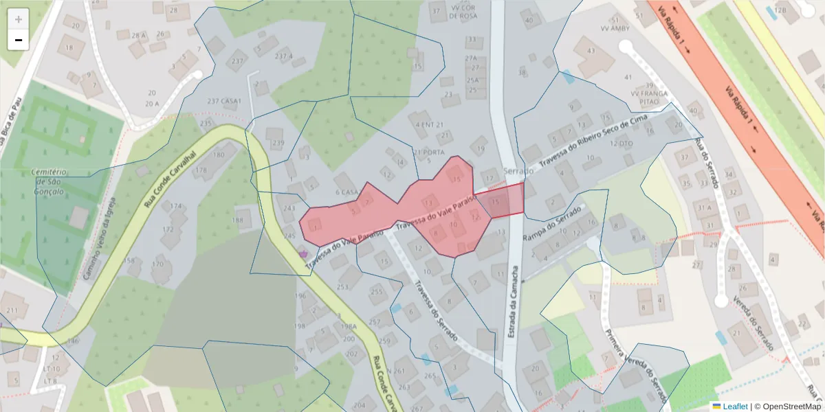 Mapa detalhado do código postal 9060-326 com limites, códigos postais vizinhos e agências dos correios