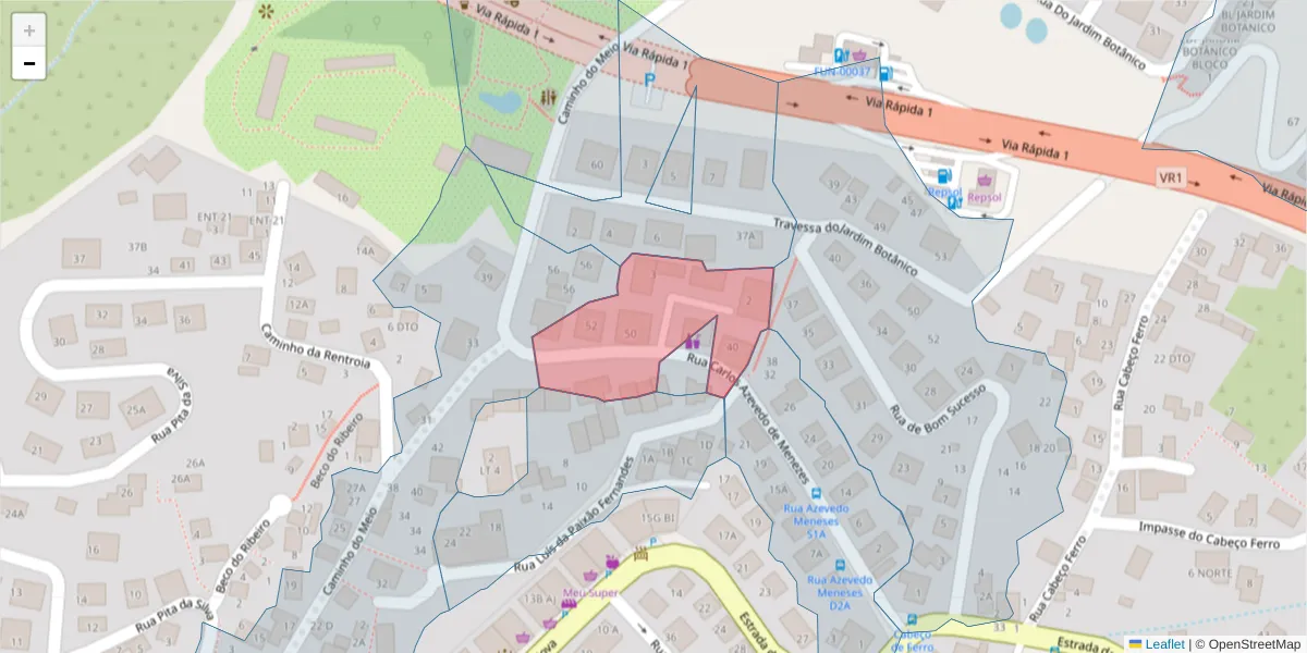 Mapa detalhado do código postal 9060-335 com limites, códigos postais vizinhos e agências dos correios