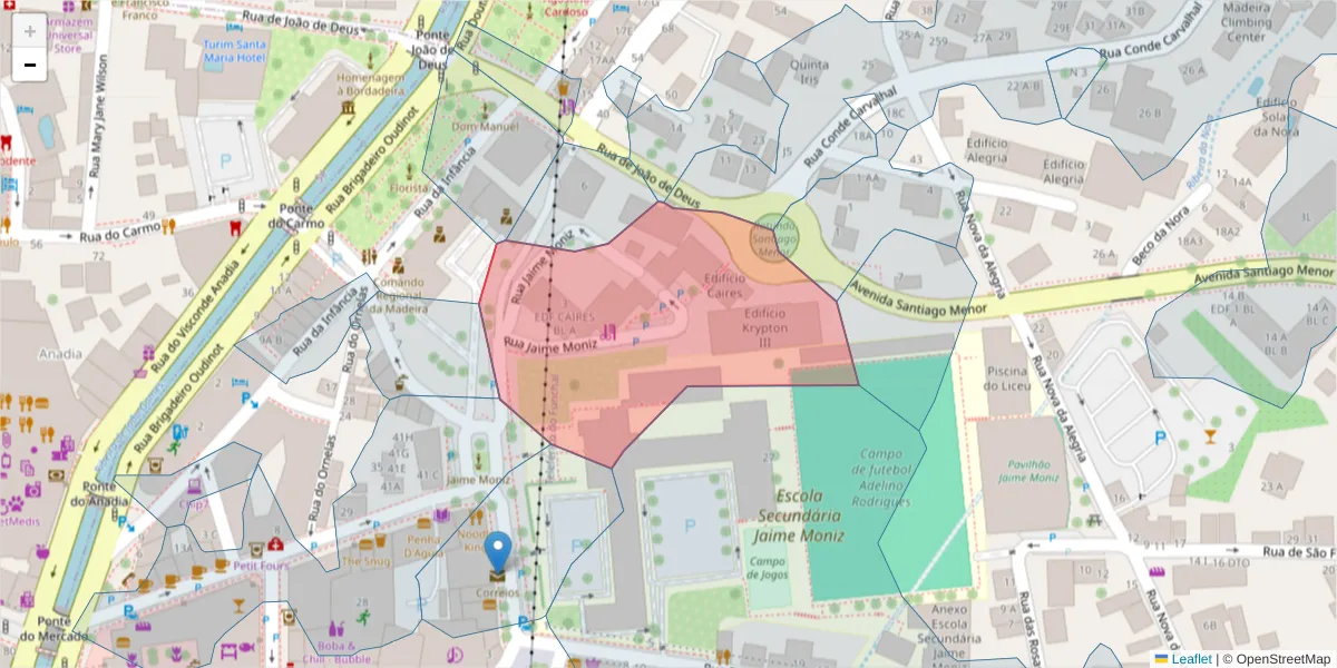 Mapa detalhado do código postal 9060-343 com limites, códigos postais vizinhos e agências dos correios
