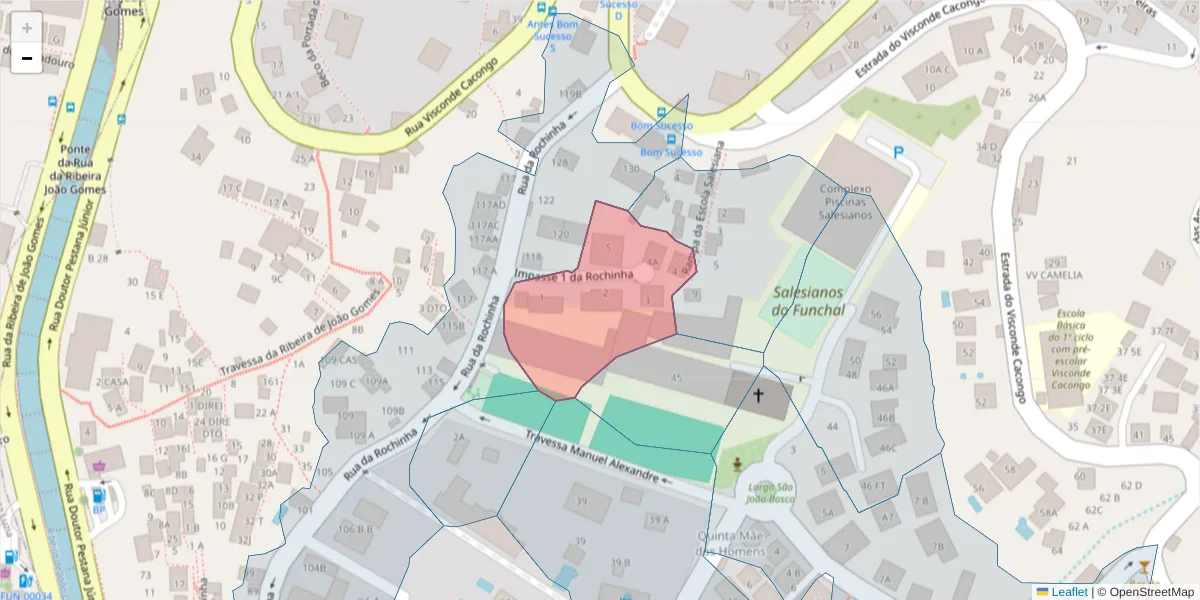 Mapa detalhado do código postal 9060-368 com limites, códigos postais vizinhos e agências dos correios