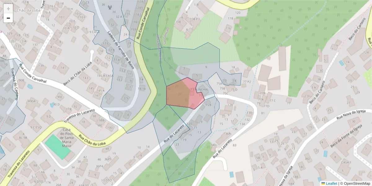 Mapa detalhado do código postal 9060-374 com limites, códigos postais vizinhos e agências dos correios