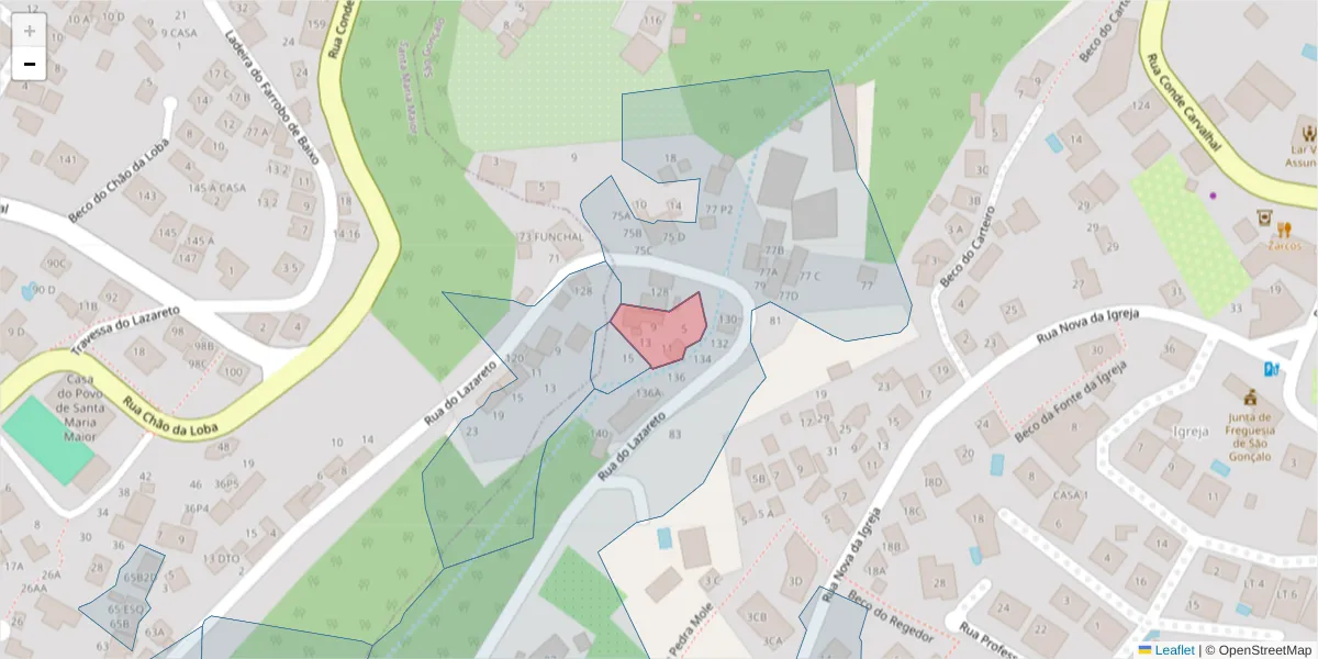 Mapa detalhado do código postal 9060-377 com limites, códigos postais vizinhos e agências dos correios