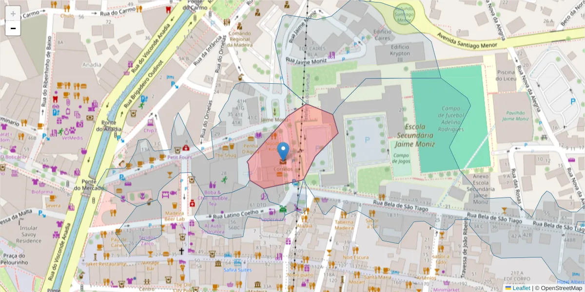 Mapa detalhado do código postal 9060-395 com limites, códigos postais vizinhos e agências dos correios
