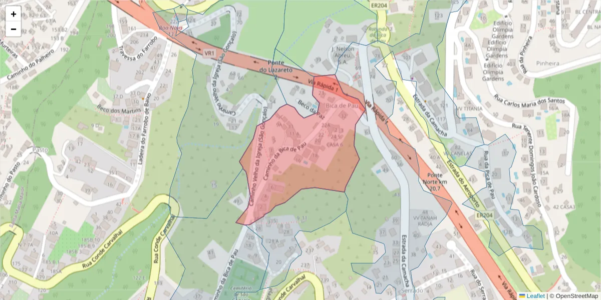 Mapa detalhado do código postal 9060-403 com limites, códigos postais vizinhos e agências dos correios