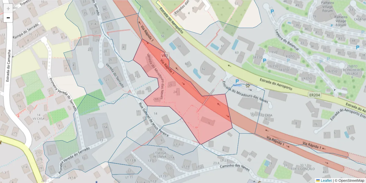 Mapa detalhado do código postal 9060-405 com limites, códigos postais vizinhos e agências dos correios