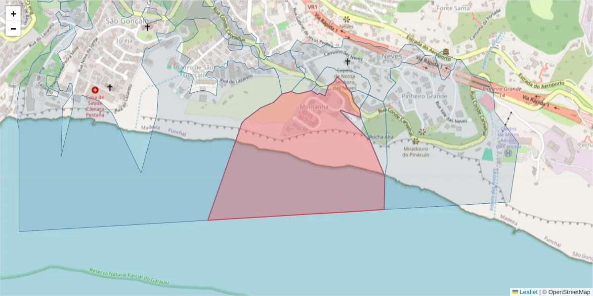 Mapa detalhado do código postal 9060-406 com limites, códigos postais vizinhos e agências dos correios