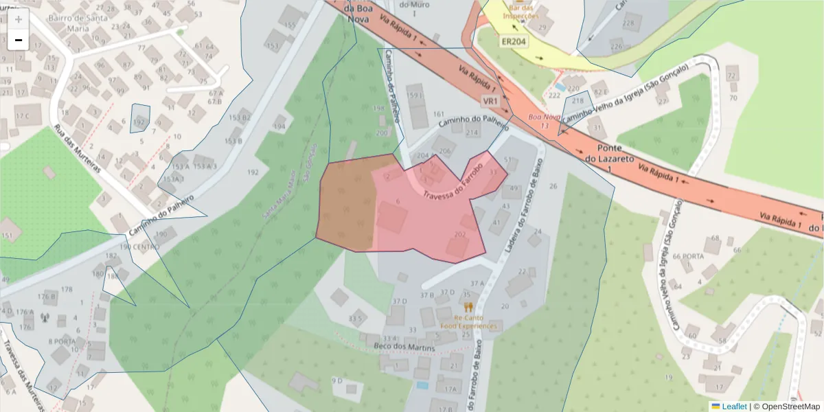 Mapa detalhado do código postal 9060-408 com limites, códigos postais vizinhos e agências dos correios