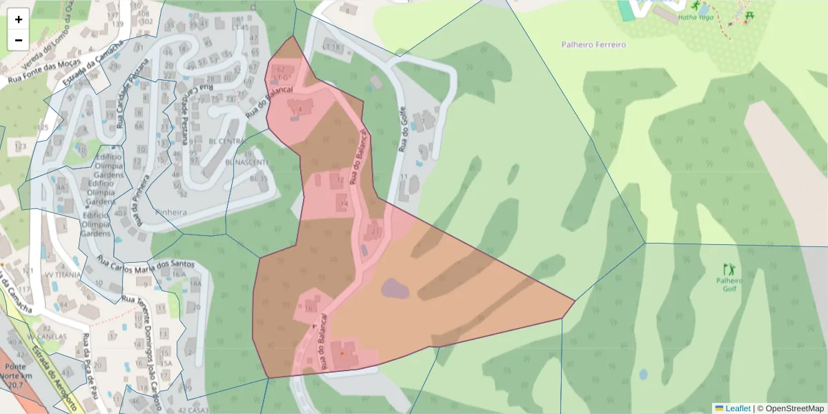 Mapa detalhado do código postal 9060-414 com limites, códigos postais vizinhos e agências dos correios