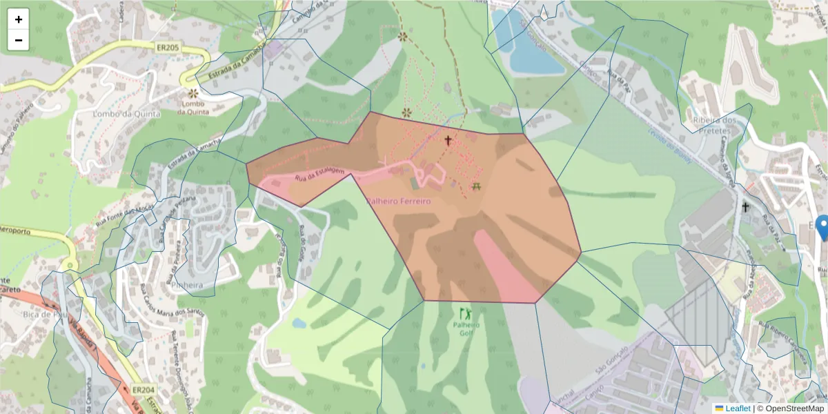 Mapa detalhado do código postal 9060-415 com limites, códigos postais vizinhos e agências dos correios
