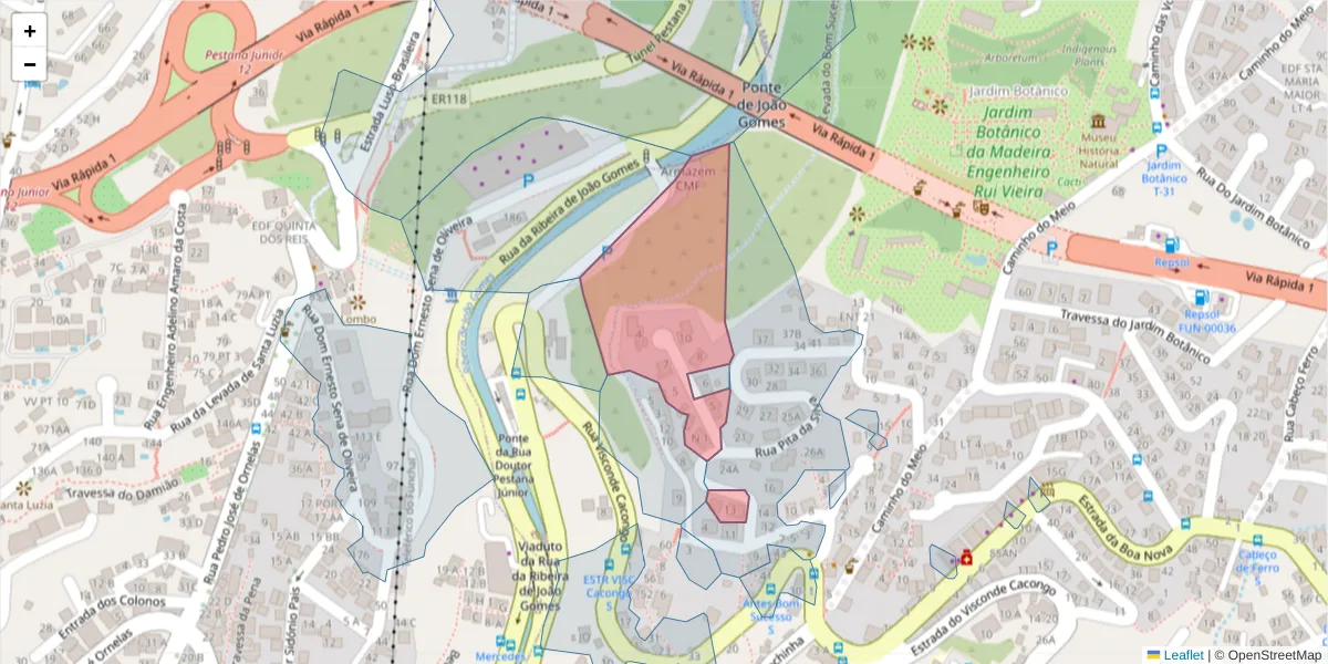 Mapa detalhado do código postal 9060-421 com limites, códigos postais vizinhos e agências dos correios