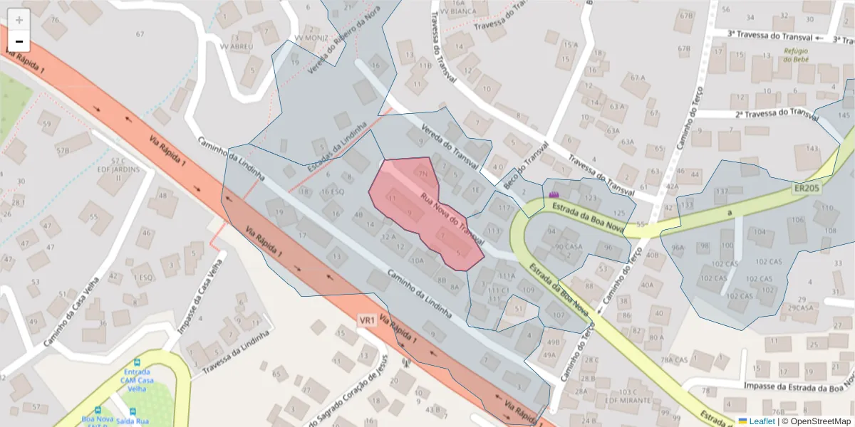 Mapa detalhado do código postal 9060-424 com limites, códigos postais vizinhos e agências dos correios