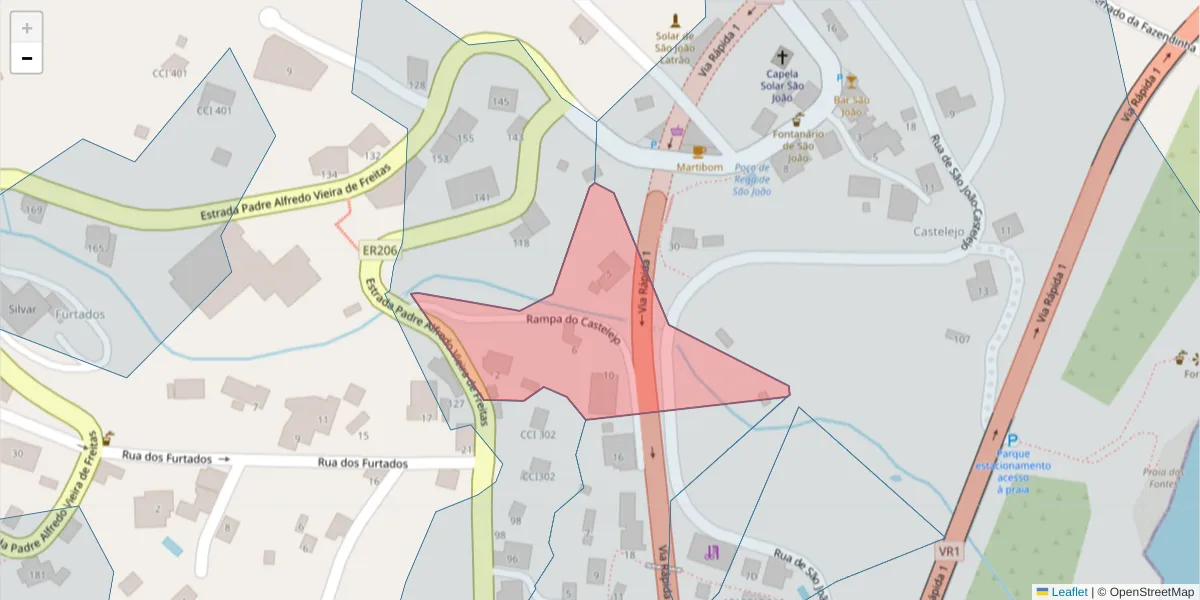 Mapa detalhado do código postal 9100-016 com limites, códigos postais vizinhos e agências dos correios