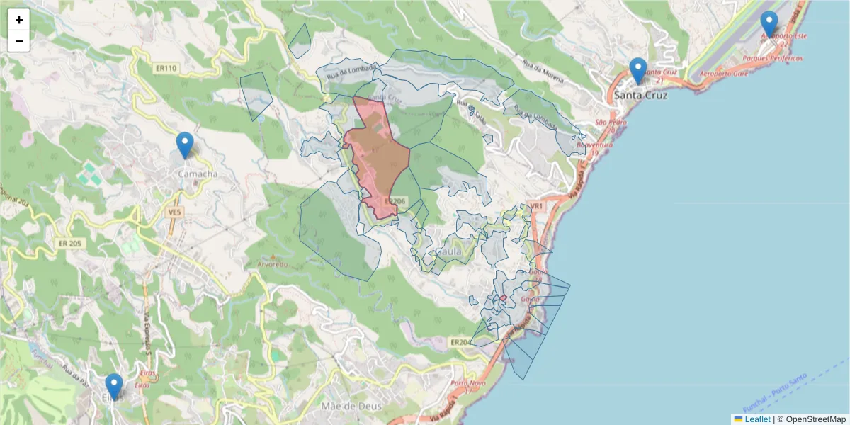 Mapa detalhado do código postal 9100-018 com limites, códigos postais vizinhos e agências dos correios