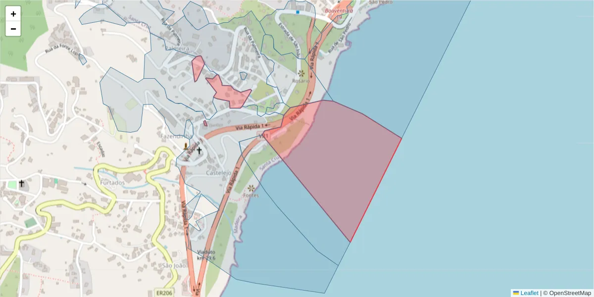 Mapa detalhado do código postal 9100-021 com limites, códigos postais vizinhos e agências dos correios