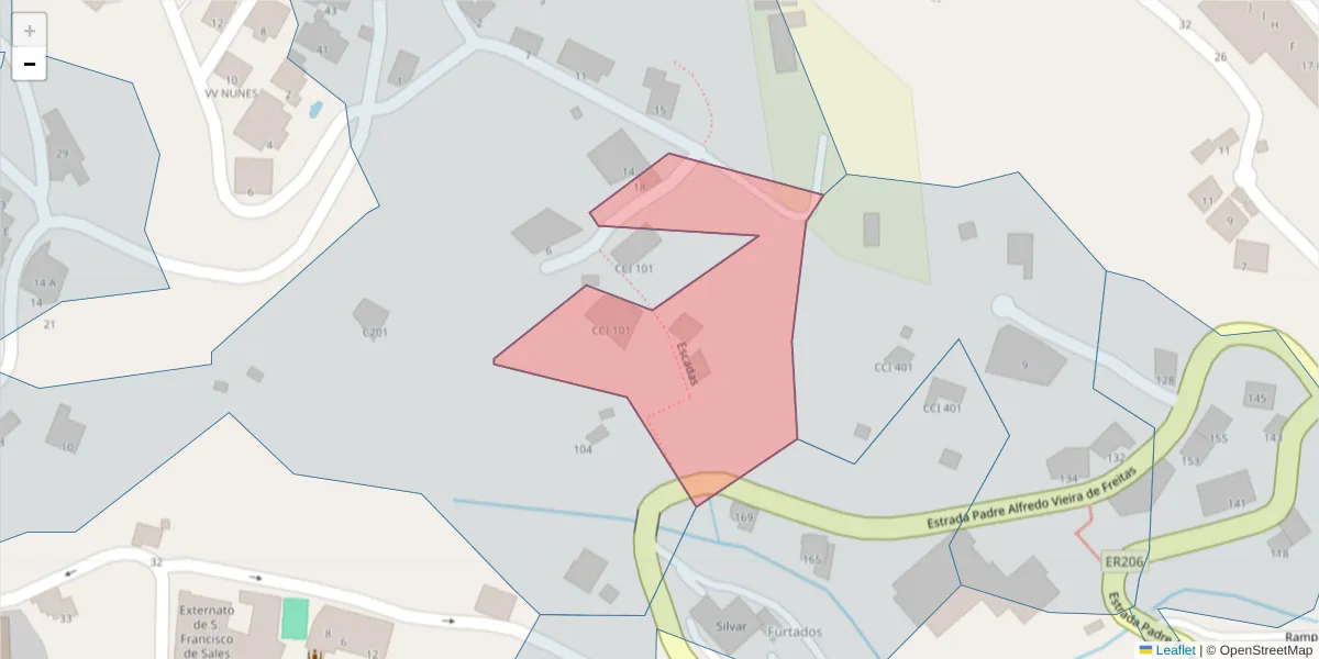 Mapa detalhado do código postal 9100-046 com limites, códigos postais vizinhos e agências dos correios