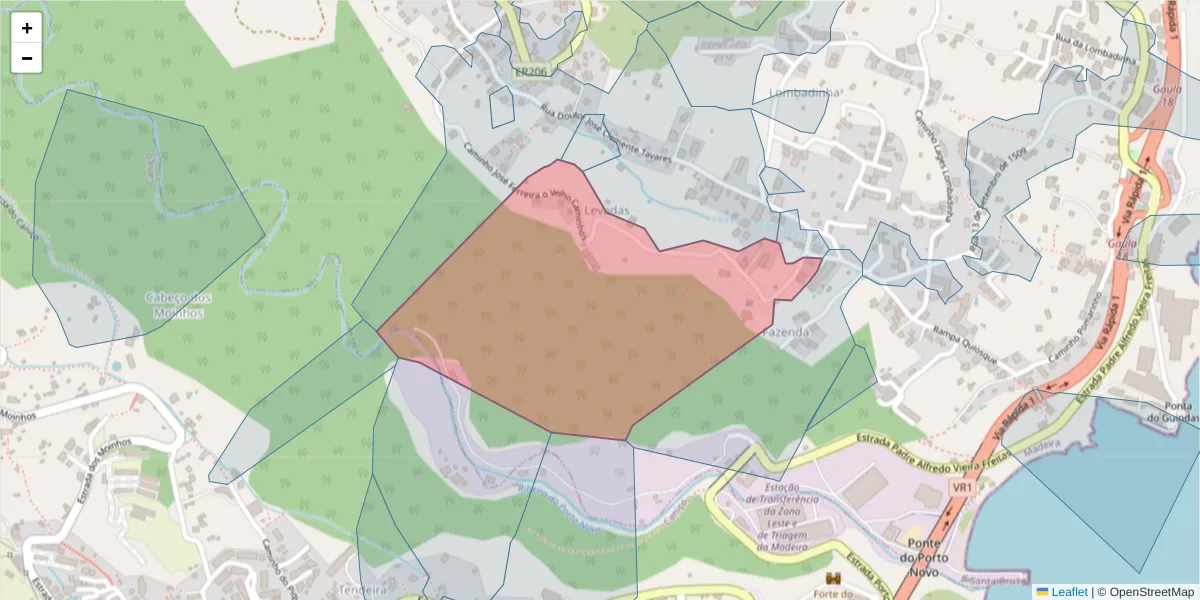 Mapa detalhado do código postal 9100-050 com limites, códigos postais vizinhos e agências dos correios