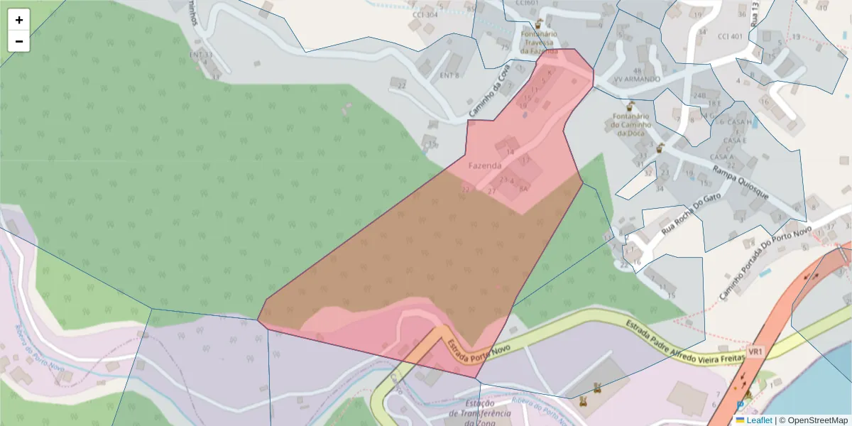 Mapa detalhado do código postal 9100-053 com limites, códigos postais vizinhos e agências dos correios