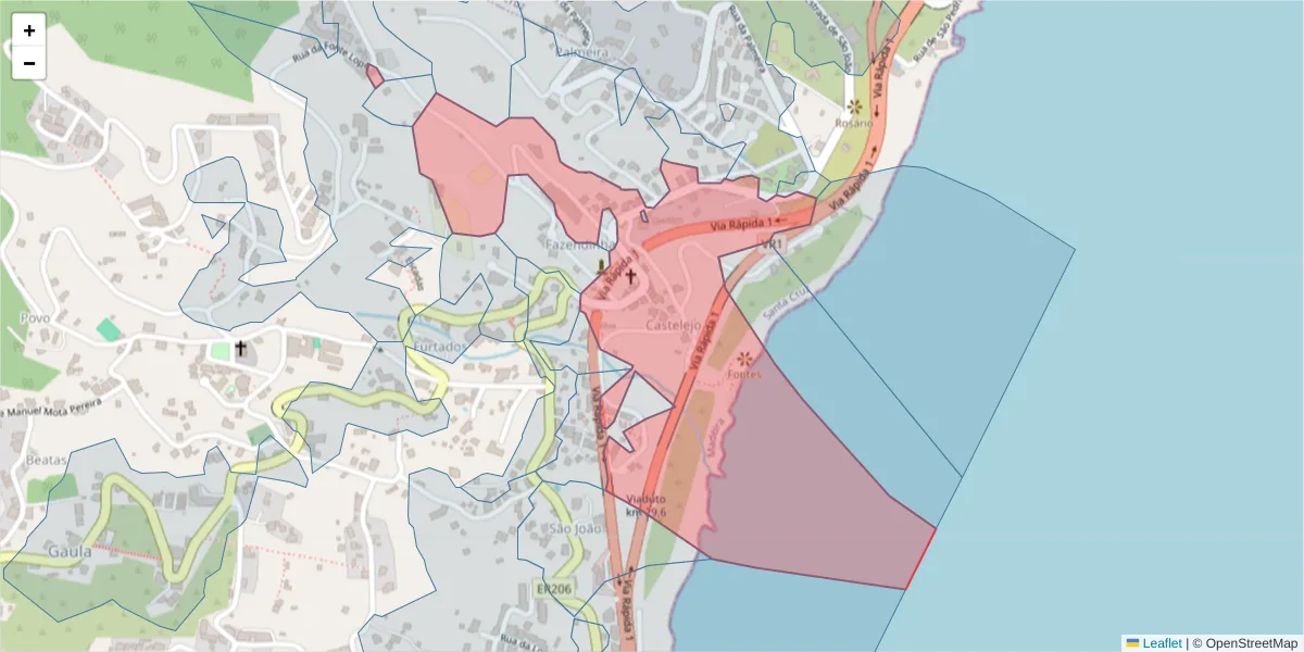 Mapa detalhado do código postal 9100-074 com limites, códigos postais vizinhos e agências dos correios