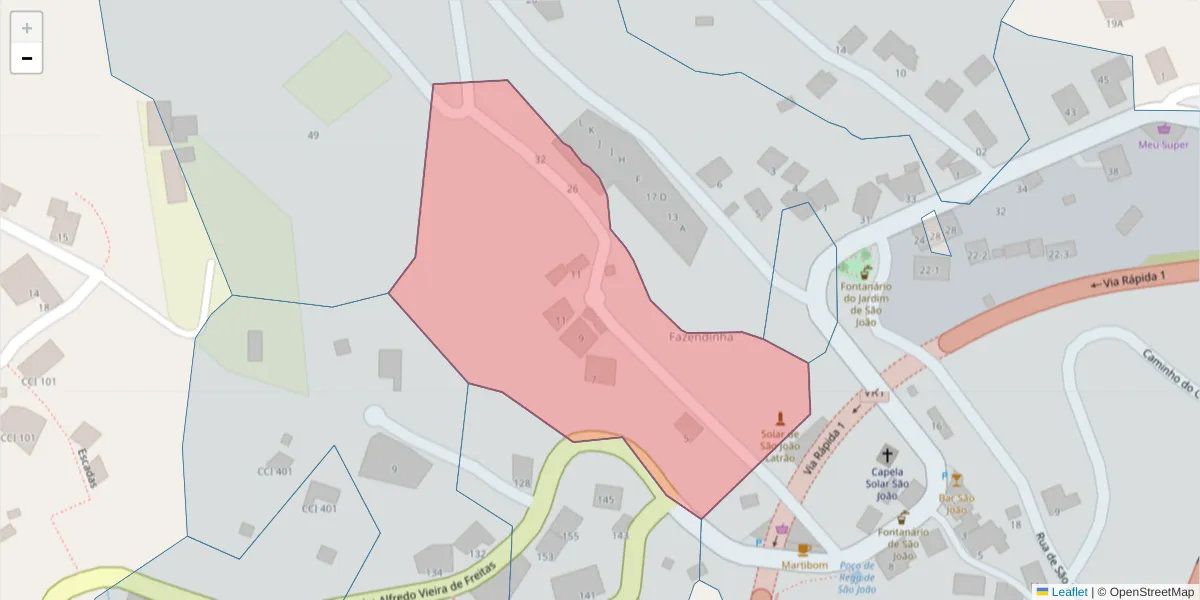 Mapa detalhado do código postal 9100-077 com limites, códigos postais vizinhos e agências dos correios