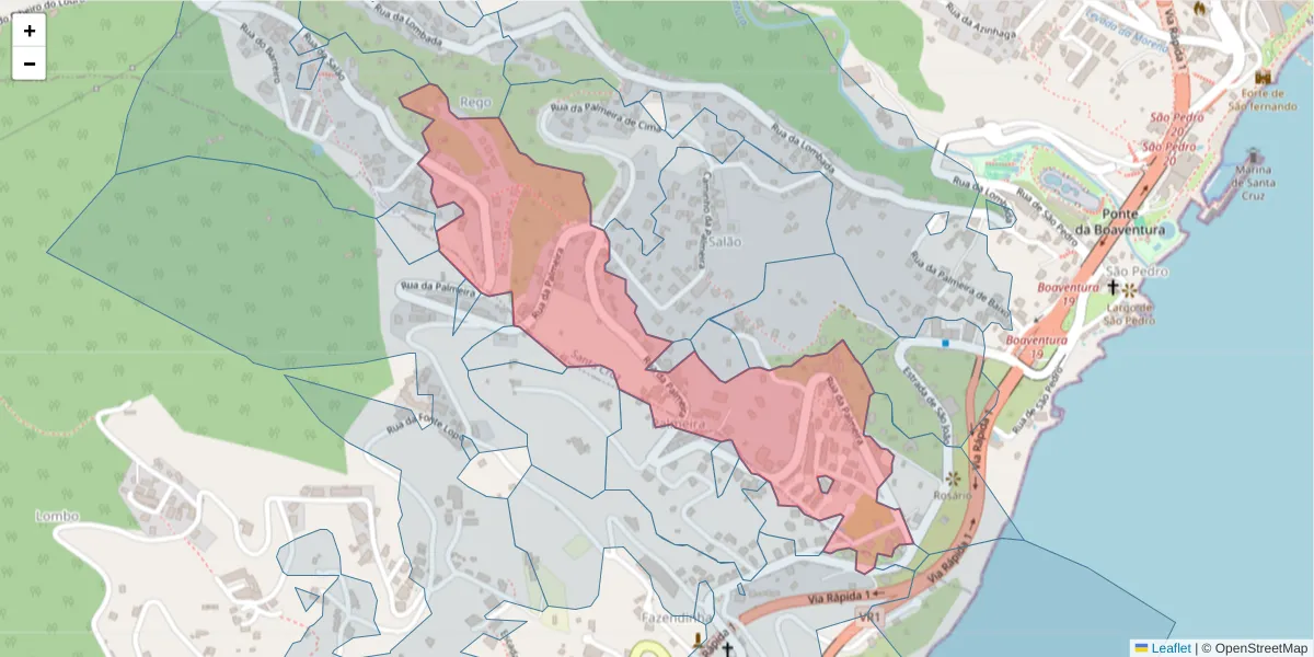 Mapa detalhado do código postal 9100-100 com limites, códigos postais vizinhos e agências dos correios