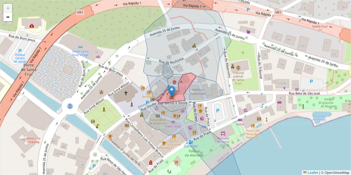 Mapa detalhado do código postal 9100-105 com limites, códigos postais vizinhos e agências dos correios