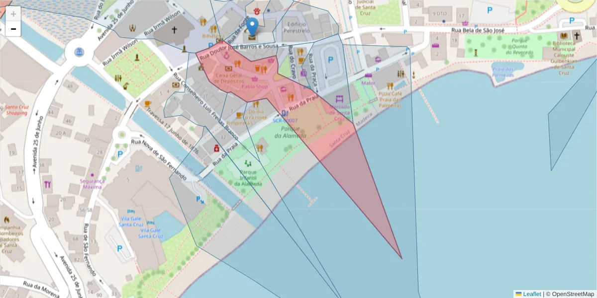 Mapa detalhado do código postal 9100-153 com limites, códigos postais vizinhos e agências dos correios