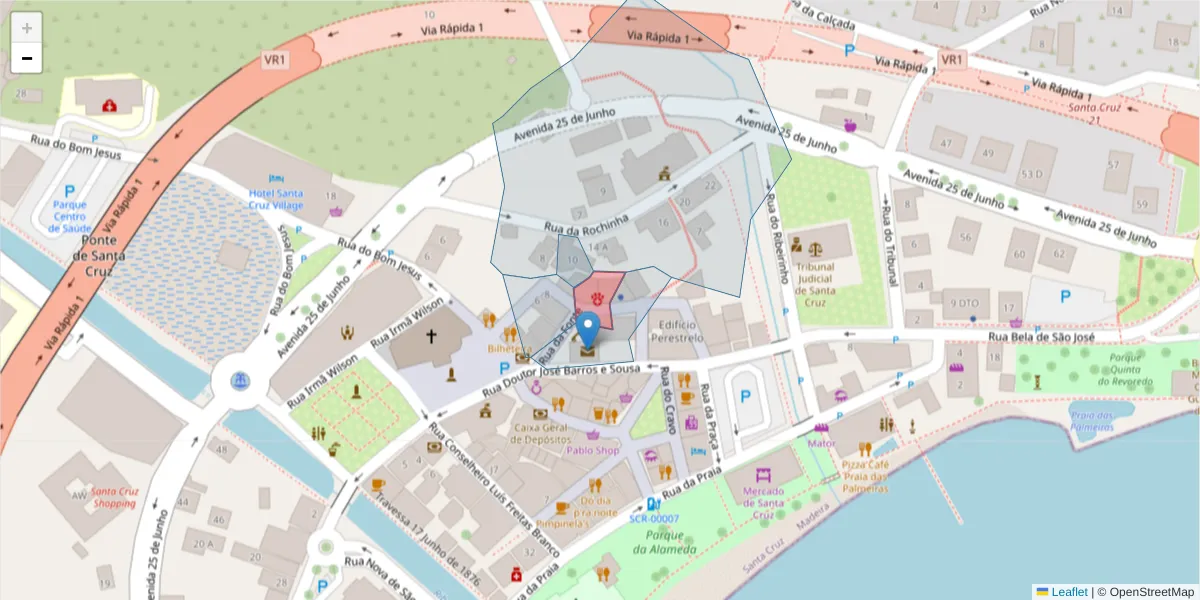 Mapa detalhado do código postal 9100-160 com limites, códigos postais vizinhos e agências dos correios