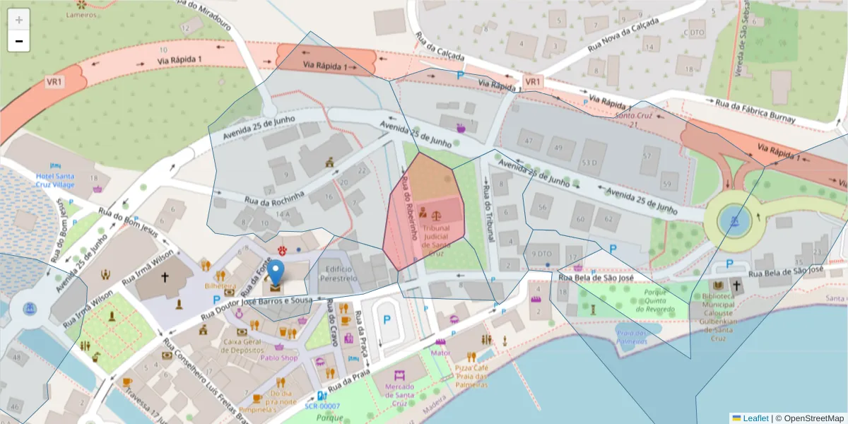 Mapa detalhado do código postal 9100-162 com limites, códigos postais vizinhos e agências dos correios