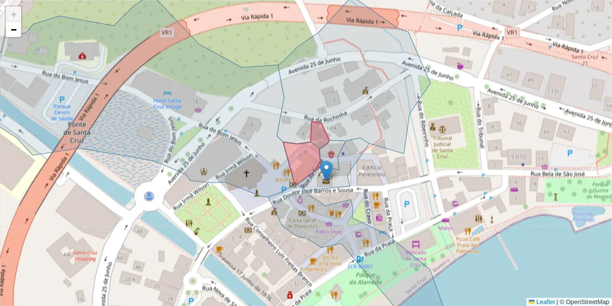 Mapa detalhado do código postal 9100-164 com limites, códigos postais vizinhos e agências dos correios