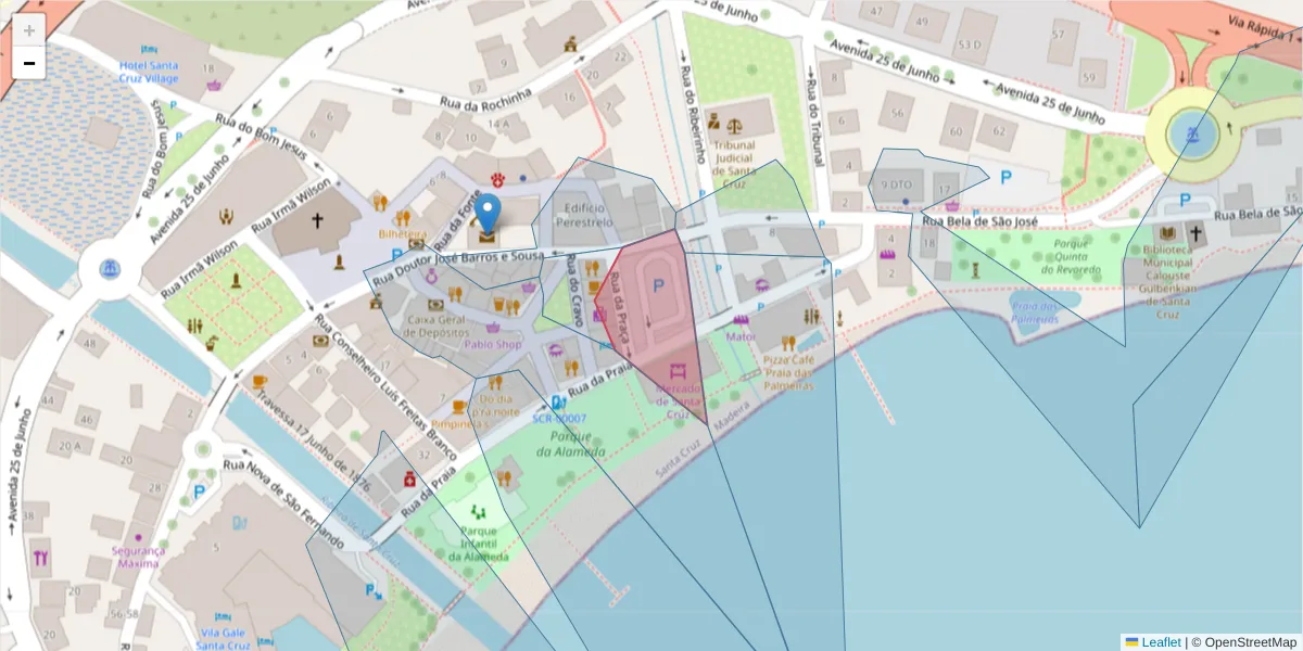 Mapa detalhado do código postal 9100-166 com limites, códigos postais vizinhos e agências dos correios