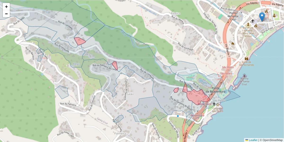 Mapa detalhado do código postal 9100-201 com limites, códigos postais vizinhos e agências dos correios