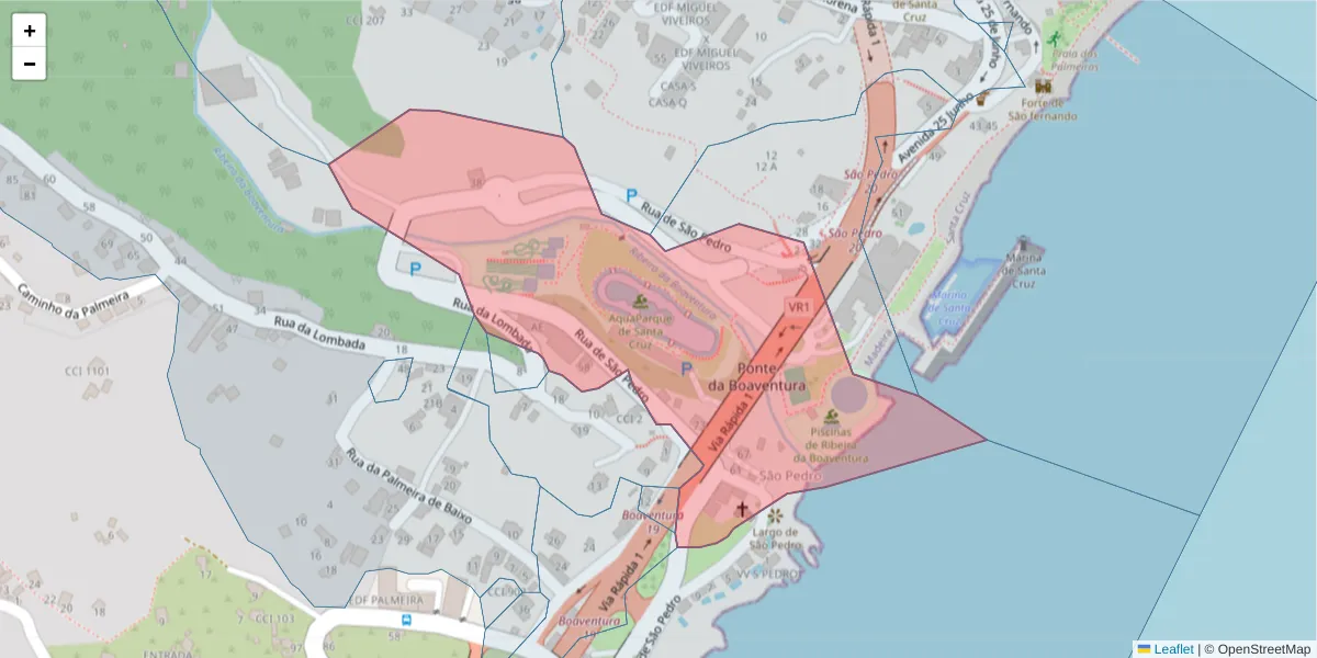 Mapa detalhado do código postal 9100-207 com limites, códigos postais vizinhos e agências dos correios