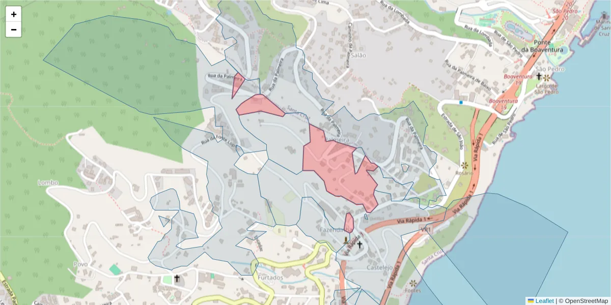 Mapa detalhado do código postal 9100-213 com limites, códigos postais vizinhos e agências dos correios