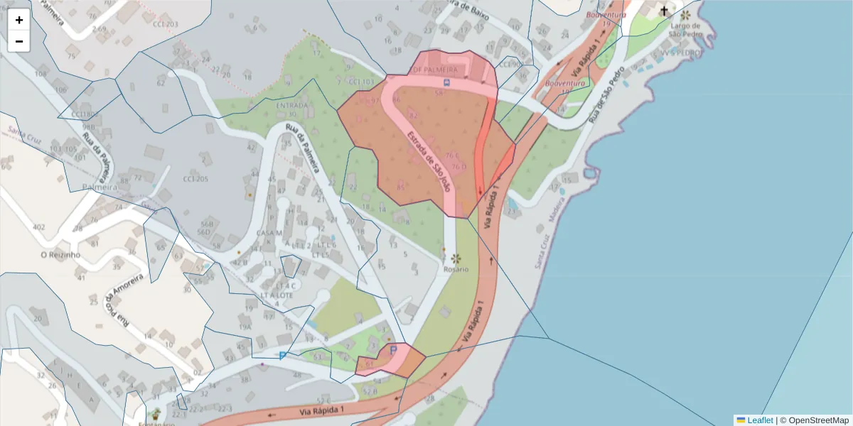 Mapa detalhado do código postal 9100-218 com limites, códigos postais vizinhos e agências dos correios