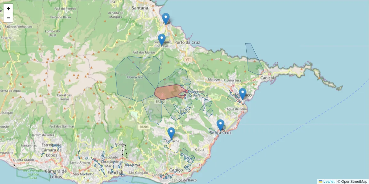 Mapa detalhado do código postal 9100-251 com limites, códigos postais vizinhos e agências dos correios