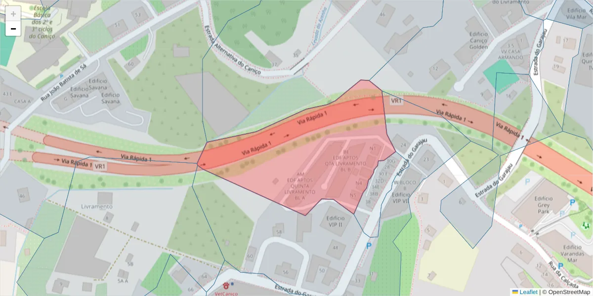 Mapa detalhado do código postal 9125-002 com limites, códigos postais vizinhos e agências dos correios