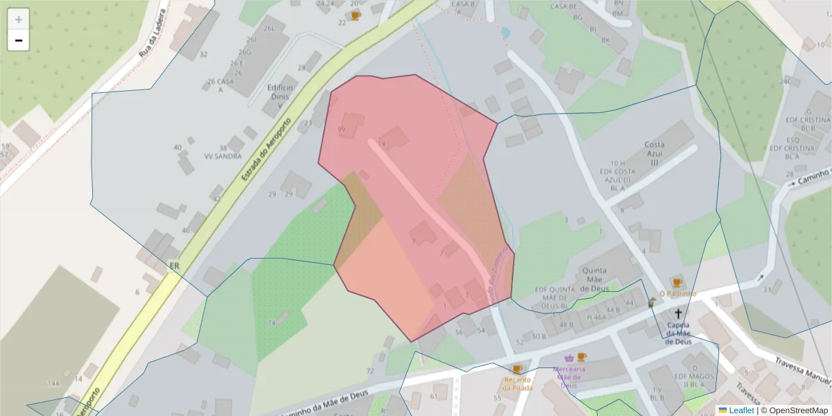 Mapa detalhado do código postal 9125-008 com limites, códigos postais vizinhos e agências dos correios