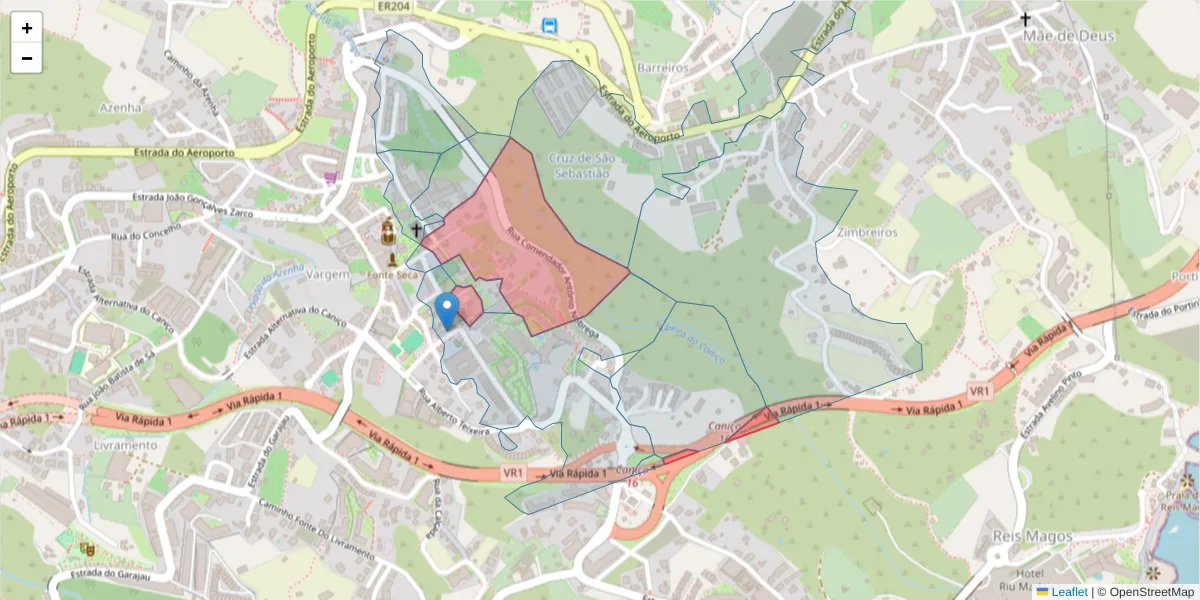 Mapa detalhado do código postal 9125-013 com limites, códigos postais vizinhos e agências dos correios