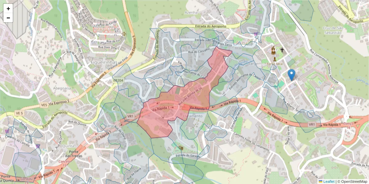 Mapa detalhado do código postal 9125-017 com limites, códigos postais vizinhos e agências dos correios