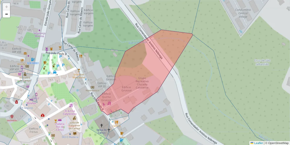 Mapa detalhado do código postal 9125-020 com limites, códigos postais vizinhos e agências dos correios