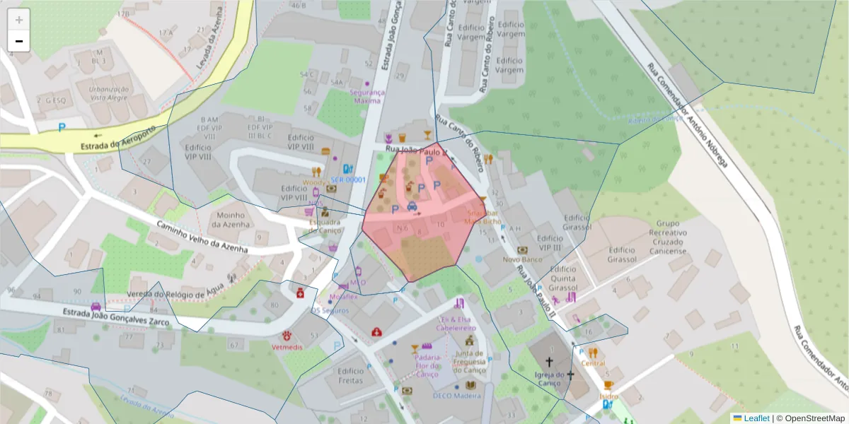 Mapa detalhado do código postal 9125-021 com limites, códigos postais vizinhos e agências dos correios