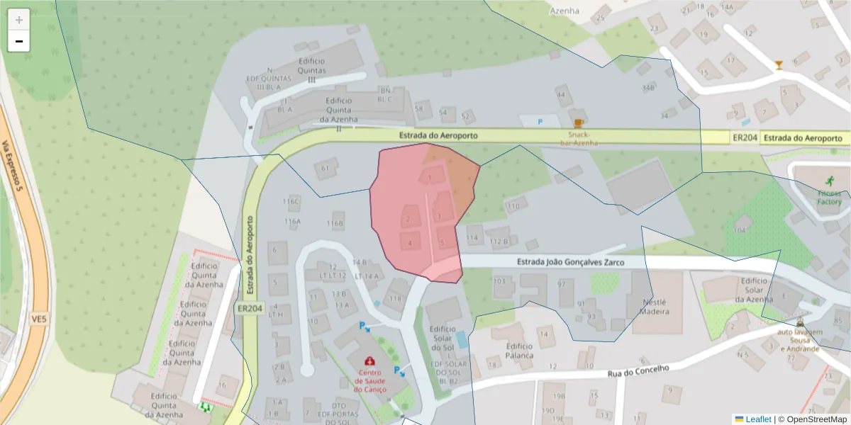 Mapa detalhado do código postal 9125-022 com limites, códigos postais vizinhos e agências dos correios