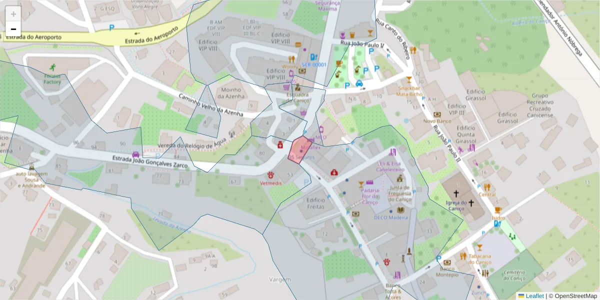 Mapa detalhado do código postal 9125-026 com limites, códigos postais vizinhos e agências dos correios